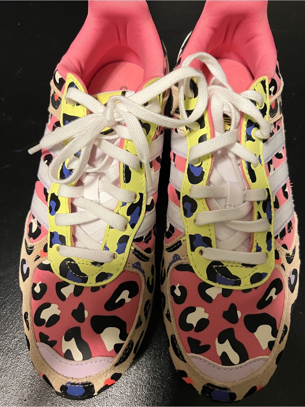adidas Pink Leopard-Print Sneakers with Yellow and Blue Accents